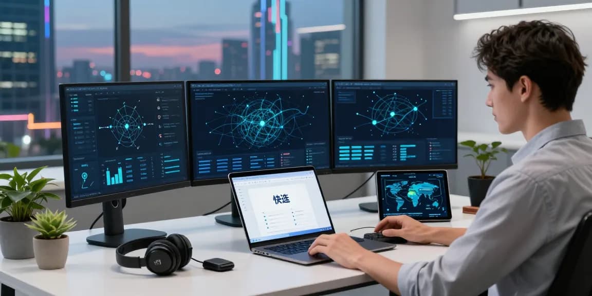 快连 smart networking acceleration platform setup in a high-tech workspace with modern devices and vibrant city view.