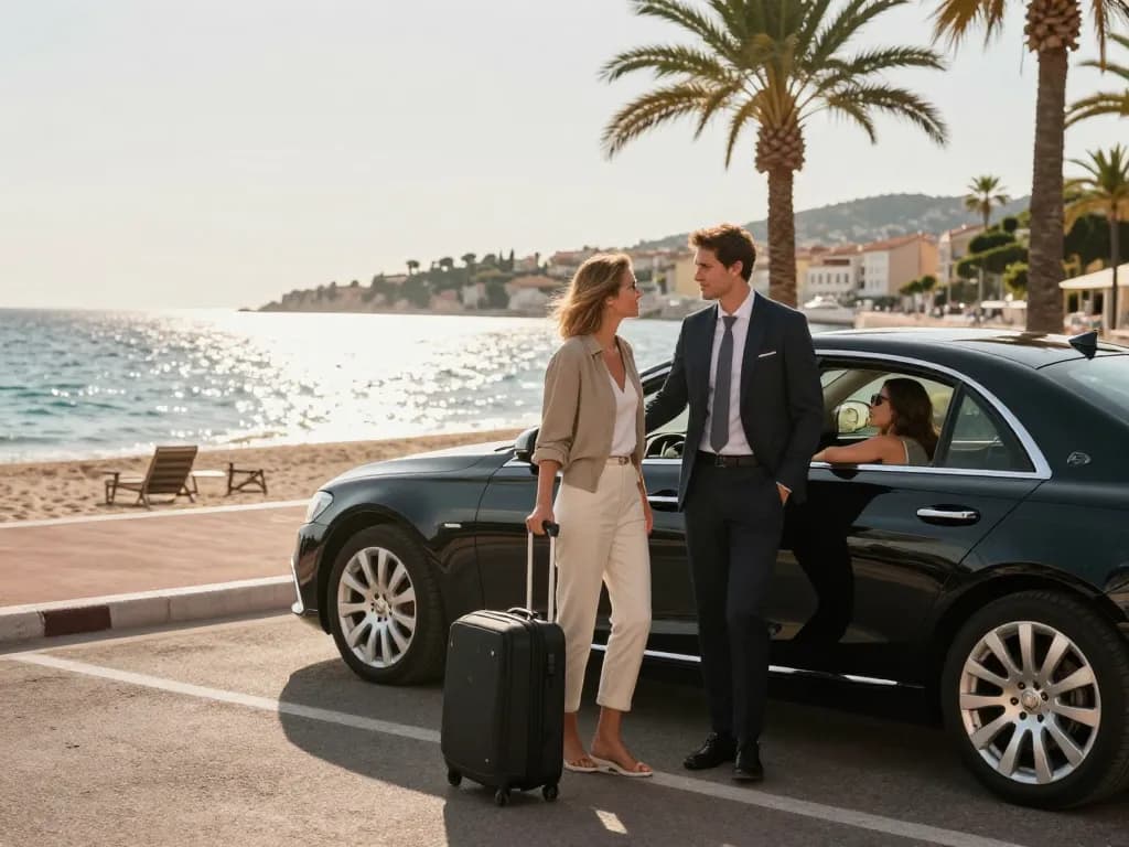 Service de taxi à Saint-Tropez avec un chauffeur professionnel aidant les passagers dans un emplacement en bord de mer.