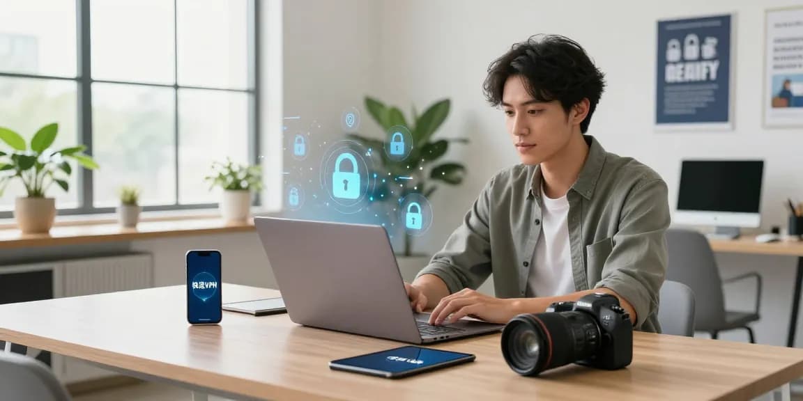 快连 VPN user connecting securely in a bright modern workspace with multiple devices.