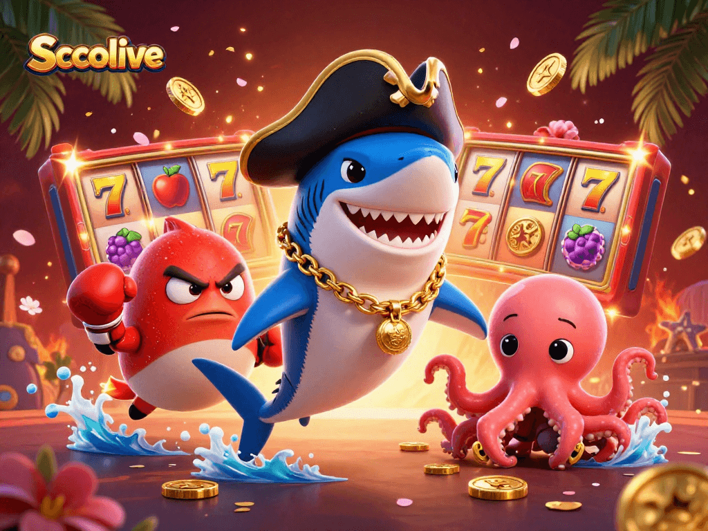Socolive promotes thrilling slot play with exciting cartoon characters amidst vibrant casino symbols