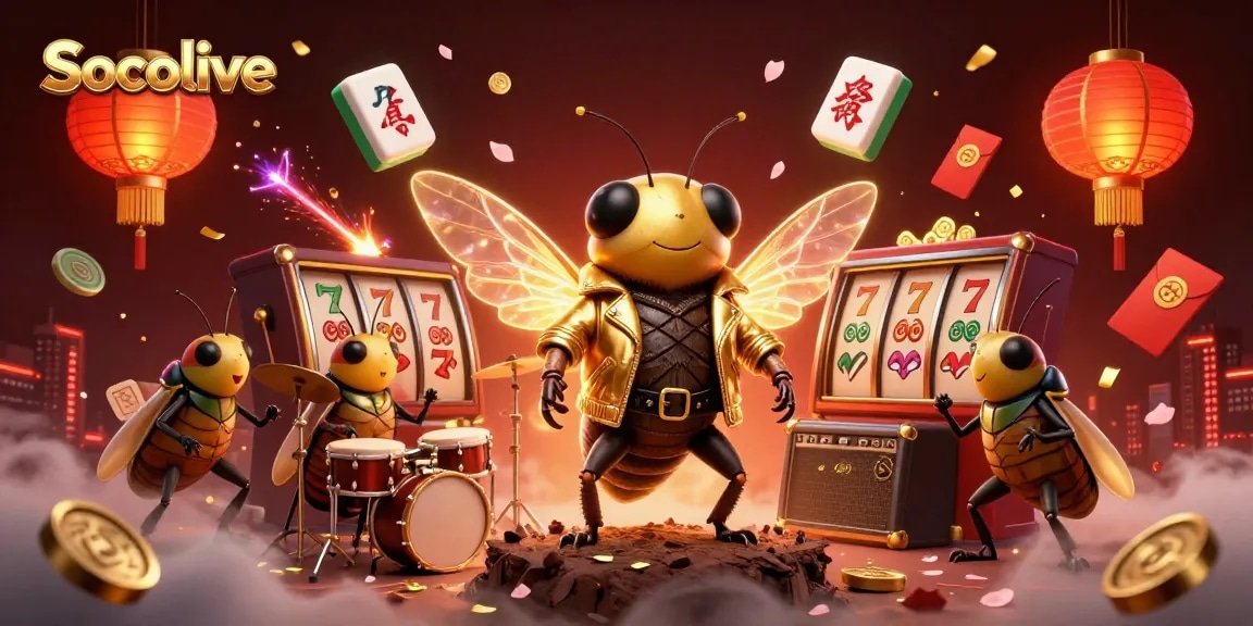 Socolive presents an engaging casino scene featuring a cicada rock star, vibrant jackpots, and festive decorations.