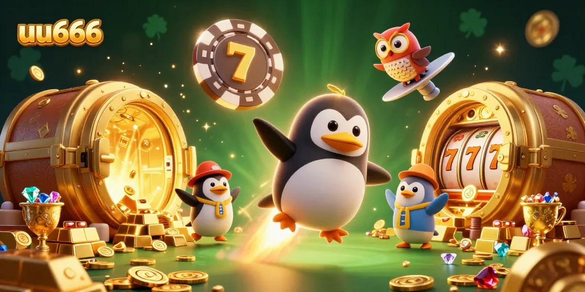 Experience the excitement of slots with uu666's explosive scene featuring golden treasures and a penguin in space.
