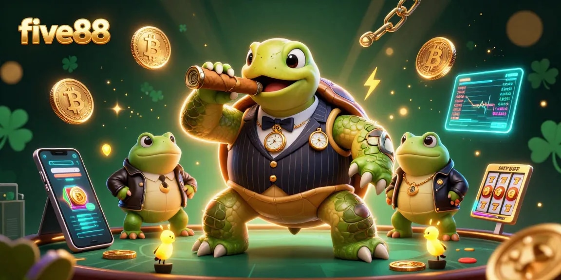 Experience five88 with a vibrant 3D illustration of a snapping turtle casino character surrounded by dynamic gaming elements.
