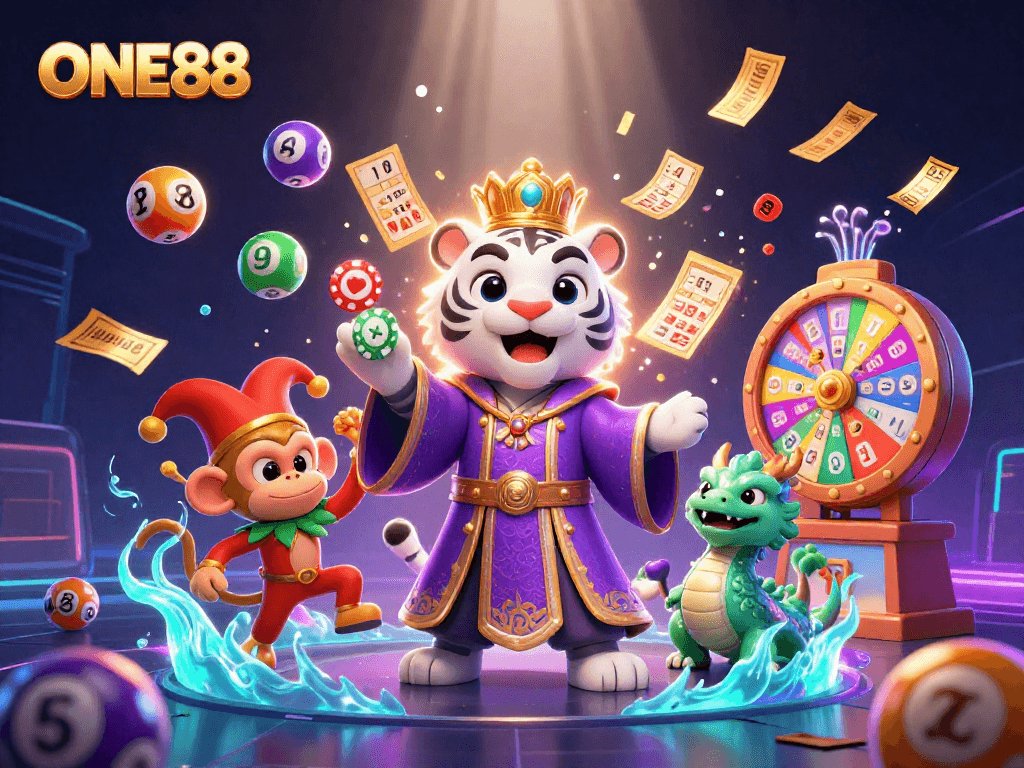 Experience the excitement of ONE88 with vibrant casino elements and engaging characters in 3D illustration.