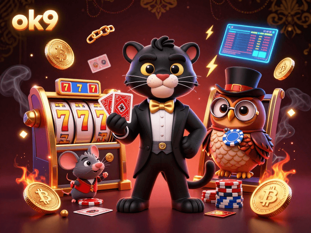Engage with ok9's vibrant online casino using stylish characters, slot game elements, and glowing crypto coins.
