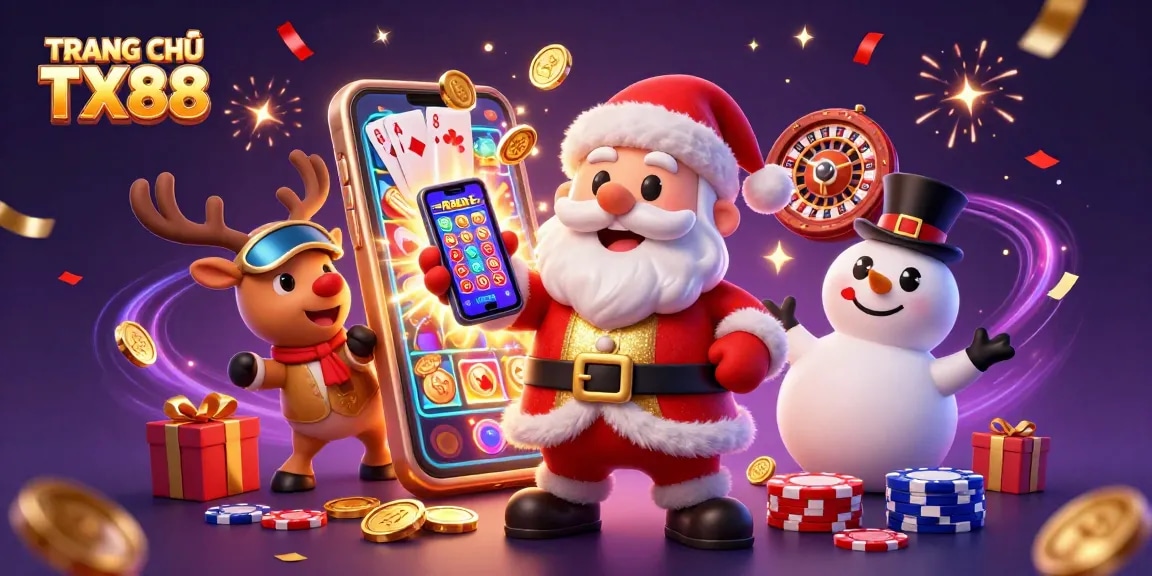 Join the fun at TRANG CHỦ TX88 with festive characters amidst casino games and vibrant colors.