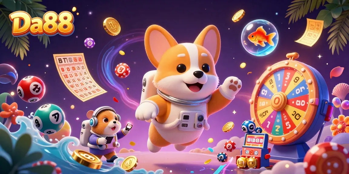 Engage in thrilling games at Da88 with a vibrant 3D digital casino scene.