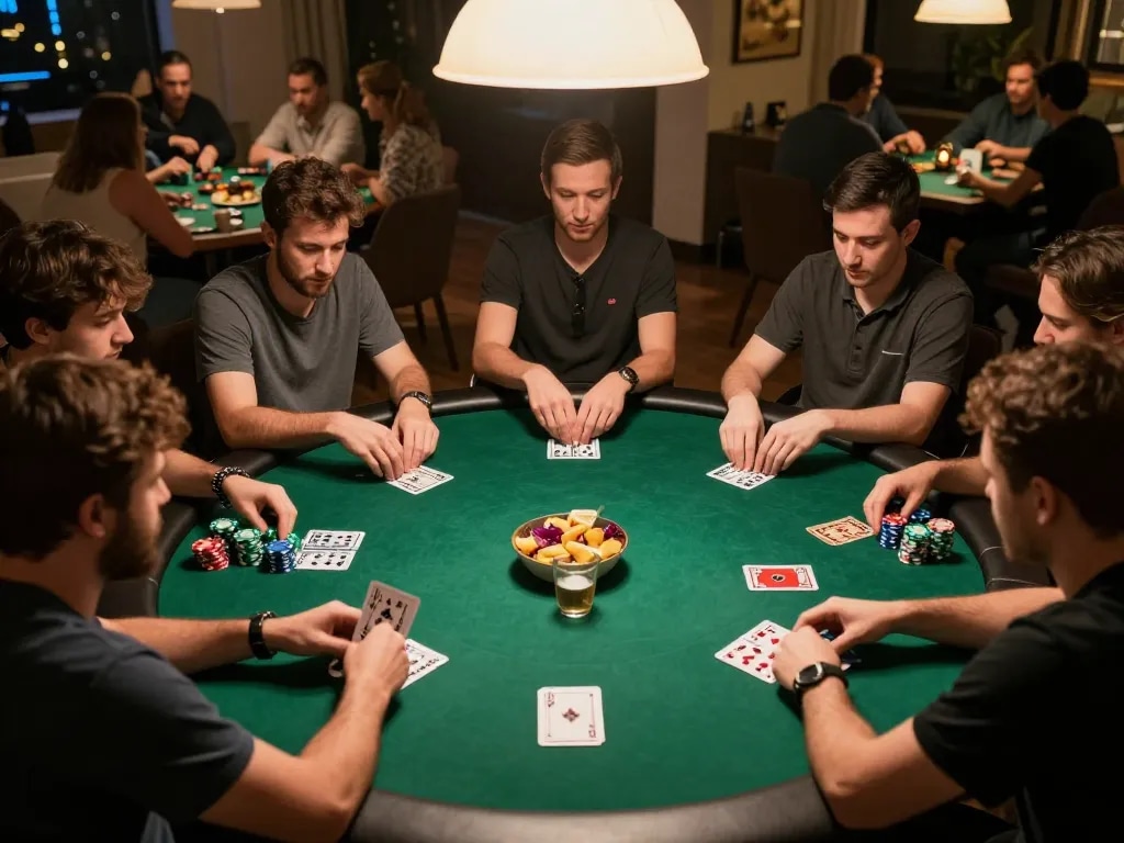 Players enjoy an exciting night of poker with QQ888 chips at a home game table, showcasing lively strategic gameplay.