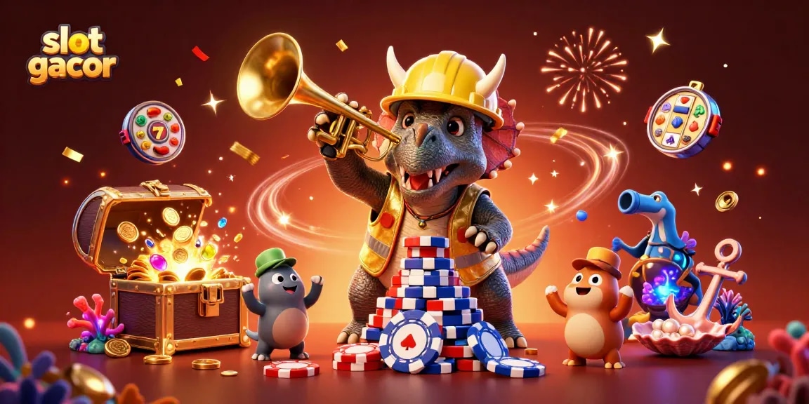 Experience slot gacor excitement with a vibrant 3D casino scene of playful dinosaurs!