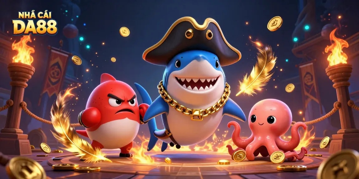 Engage with gaming excitement at NHÀ CÁI DA88 featuring a pirate shark, pufferfish, and octopus.
