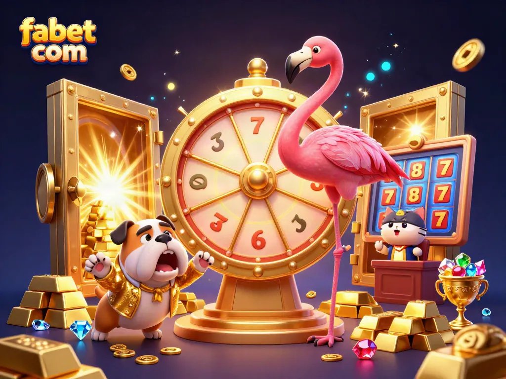 Win big with fabet com at the casino's prize wheel, featuring a flamingo host, bulldog contestant, and sparkling treasures.