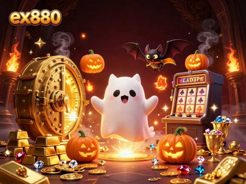Enjoy ex880 gaming thrills with a playful cat ghost and bat amidst vibrant haunted casino chaos.