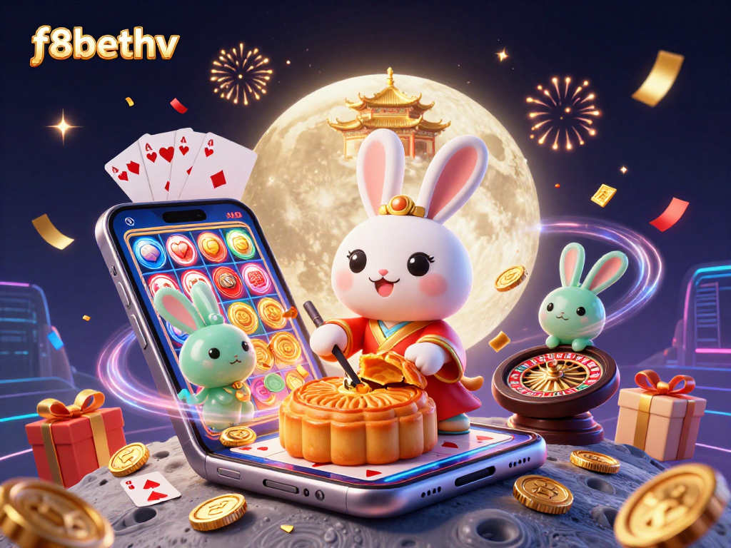 Experience f8bethv's vibrant 3D casino scene with a moon rabbit cracking open mooncakes for poker chips.