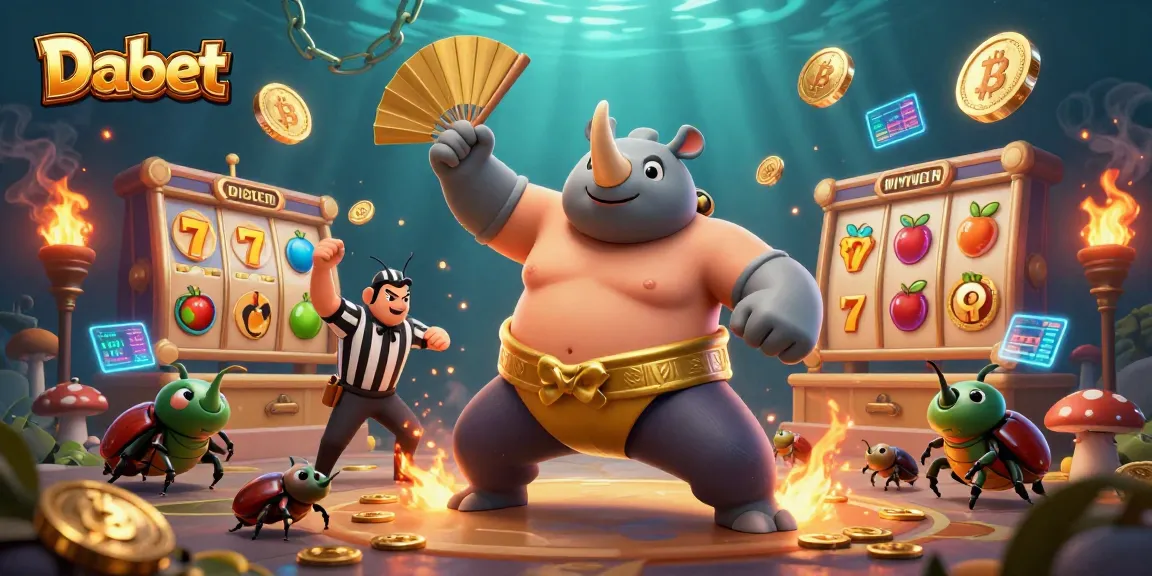 Dabet showcases a vibrant scene with a beetle champion stomping coins, highlighting thrilling slot game elements.