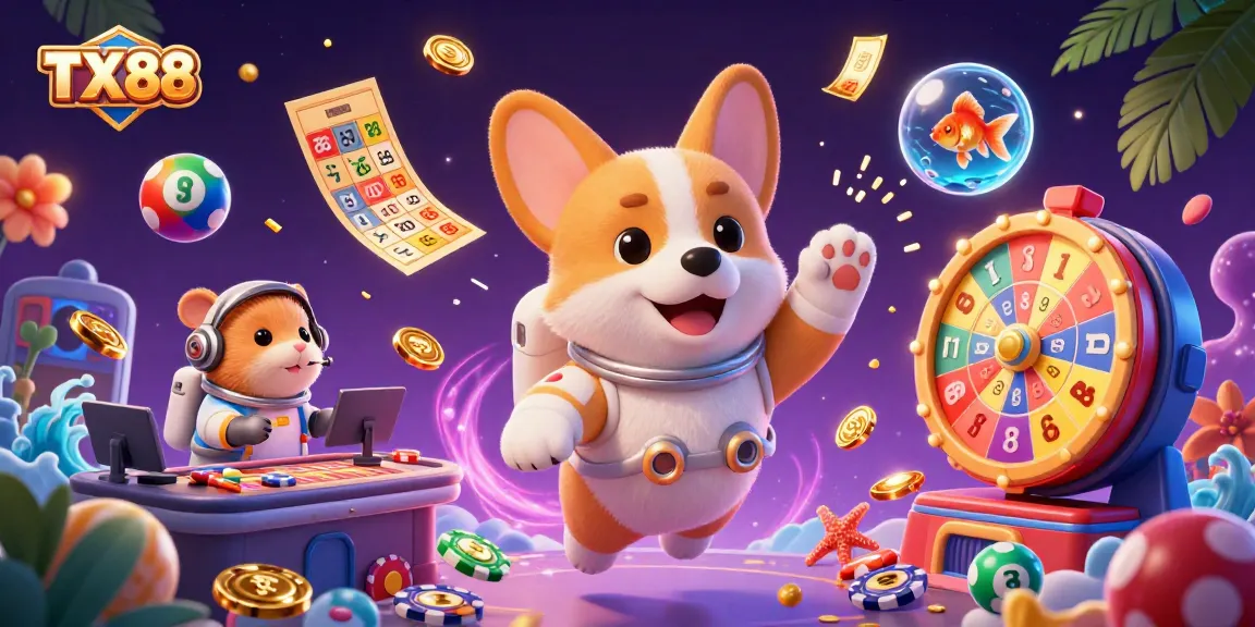Experience the excitement of TX 88 as cartoon characters celebrate in a vibrant casino-themed scene.