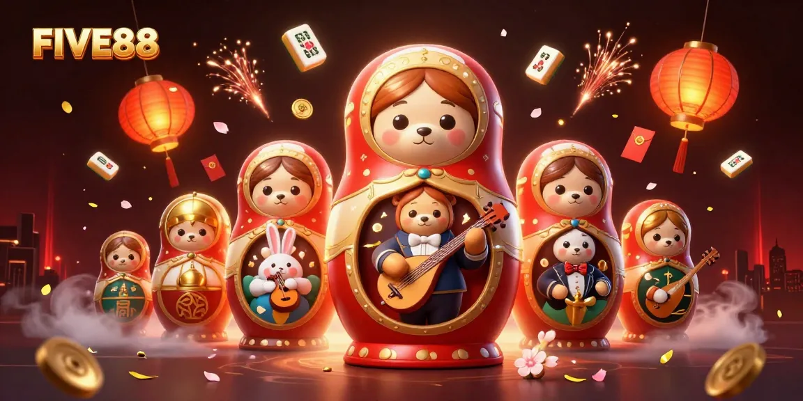 Experience the thrill with FIVE88's vibrant casino-themed 3D illustration featuring interactive characters.