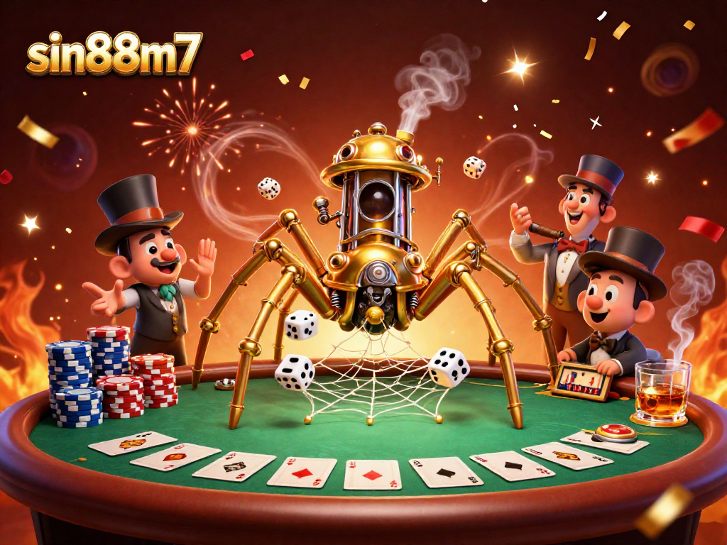 Experience dynamic gambling action at sin88m7 with a steampunk casino illustration and vibrant poker elements.