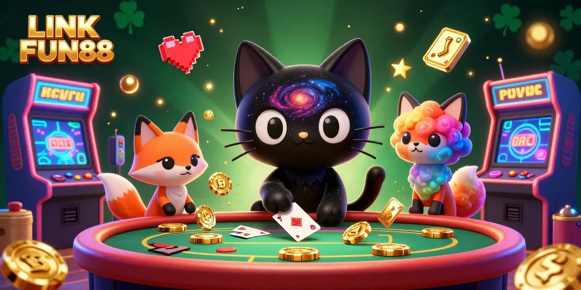 Win big with LINK FUN88 in this vibrant cosmic casino illustration filled with excitement and energy.