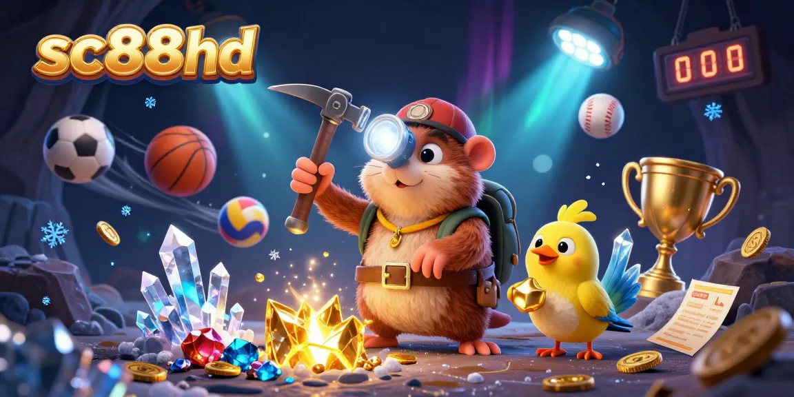 sc88hd showcases a dynamic 3D illustration of a treasure hunter mole and companions in a vibrant casino setting.