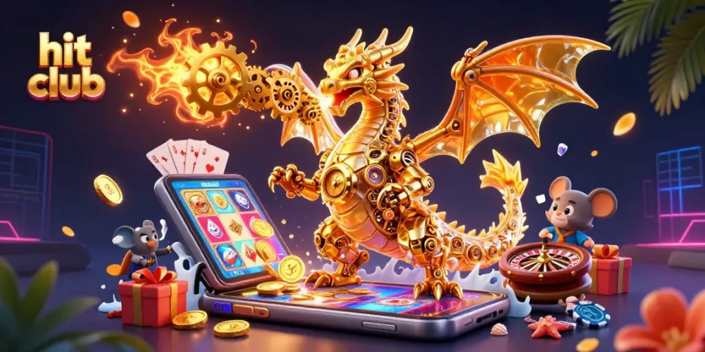 Spin and win at Hit Club with a vibrant 3D dragon and dynamic casino elements showcasing thrilling gameplay.