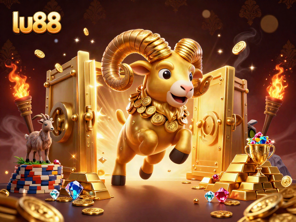 Experience the excitement of lu88 with the golden ram charging through a treasure-filled casino.