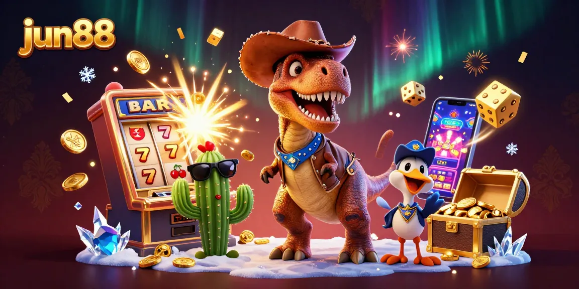 Experience casino thrills with jun88's vibrant scene featuring a T-Rex and epic gaming elements.