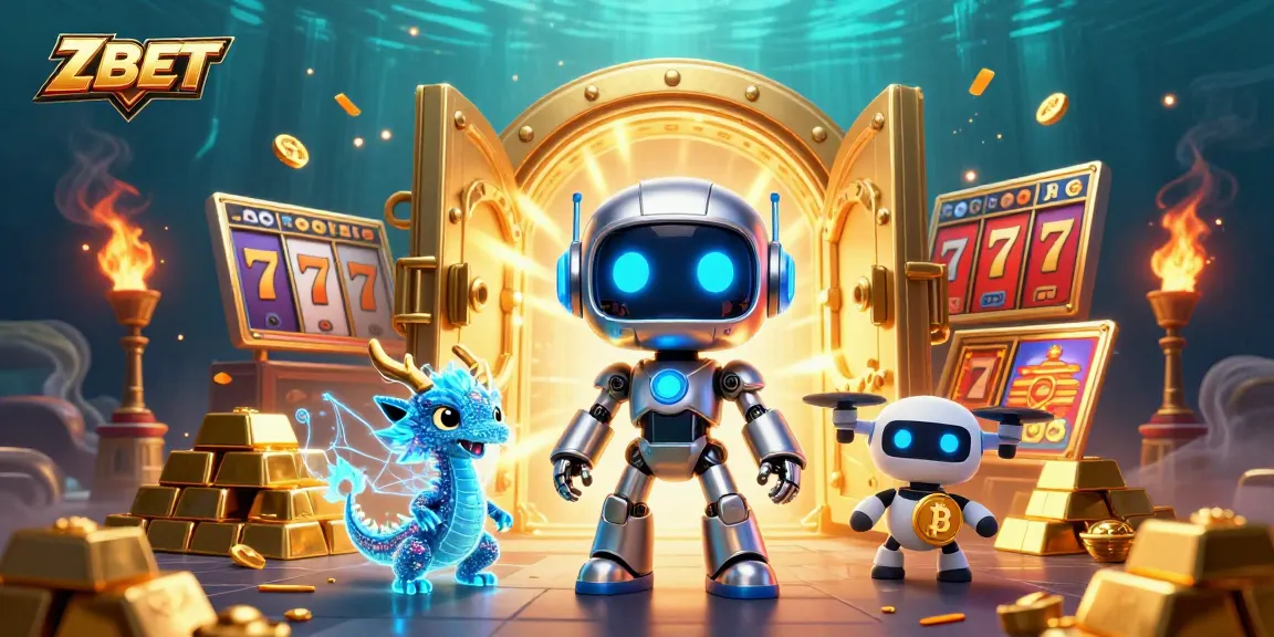 Engage in exciting gaming adventures with ZBET's ultra-detailed 3D casino scene showcasing vibrant slot elements and unique characters.