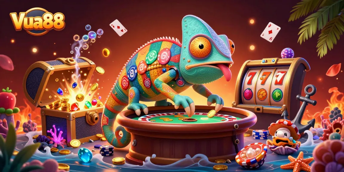 Engage with Vua88's vibrant 3D casino scene featuring dynamic chameleon and slot elements.