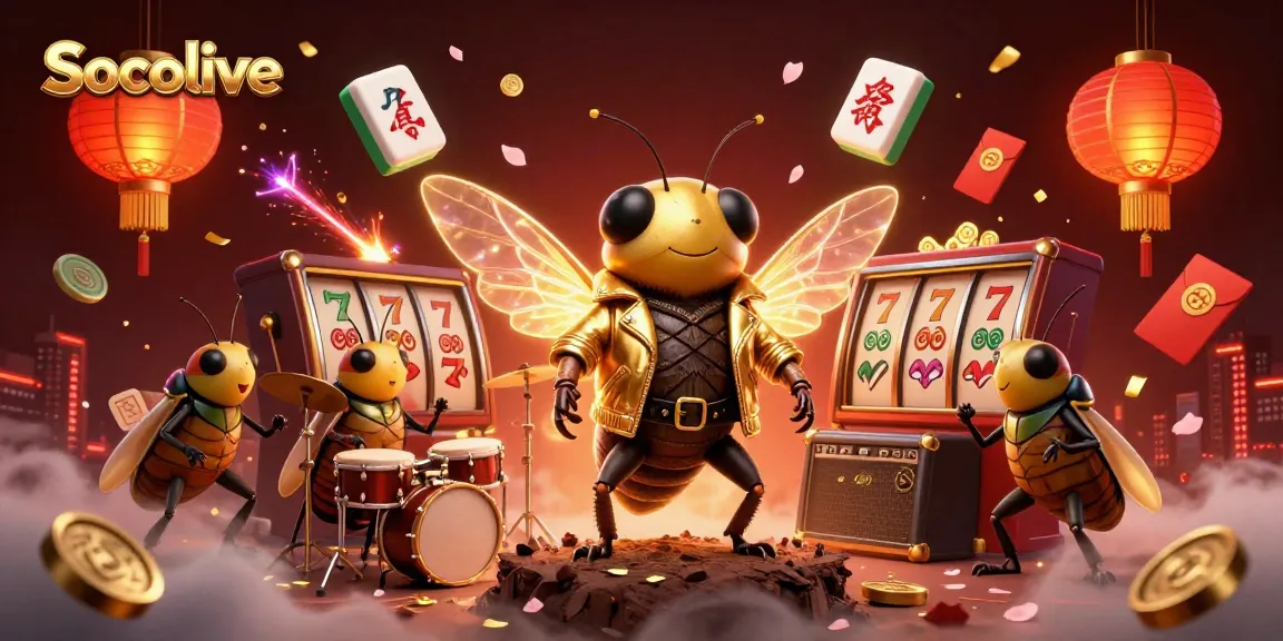Socolive presents an engaging casino scene featuring a cicada rock star, vibrant jackpots, and festive decorations.