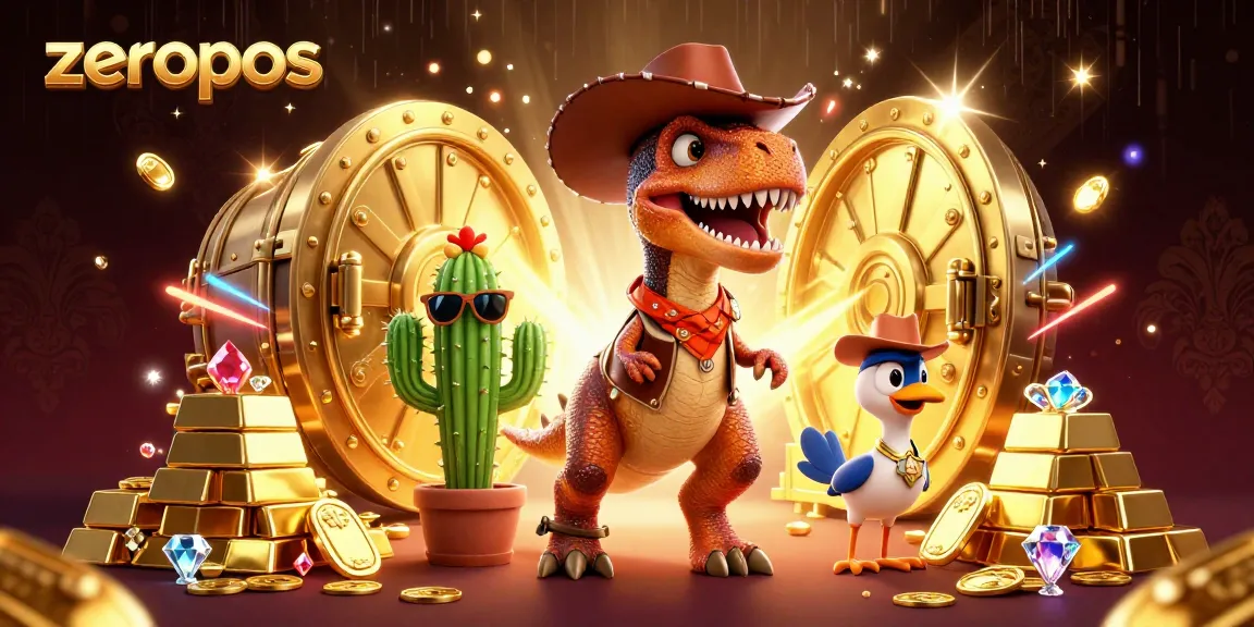 Join the action with zeropos as a T-Rex cowboy and friends uncover treasure in a lively casino scene!