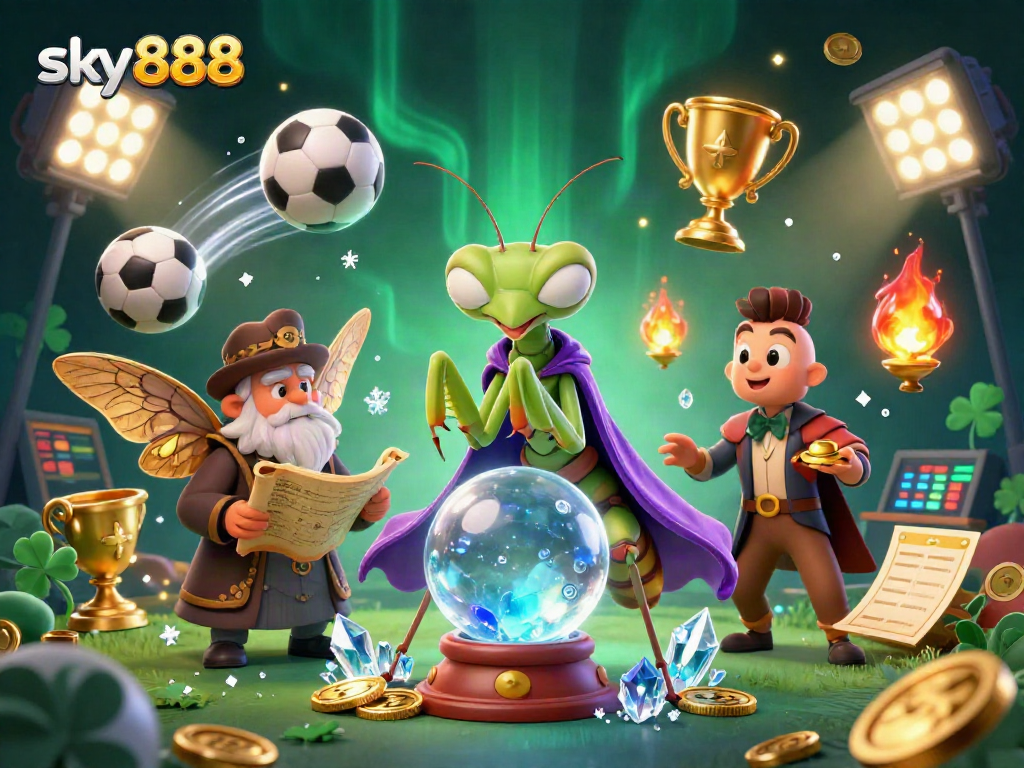 Engaging sky888 betting scene with a fortune teller, sports elements, and swirling fireflies