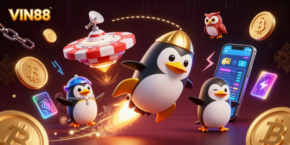Join the cosmic adventure with VIN88 as the penguin races towards a casino on a poker chip in space.