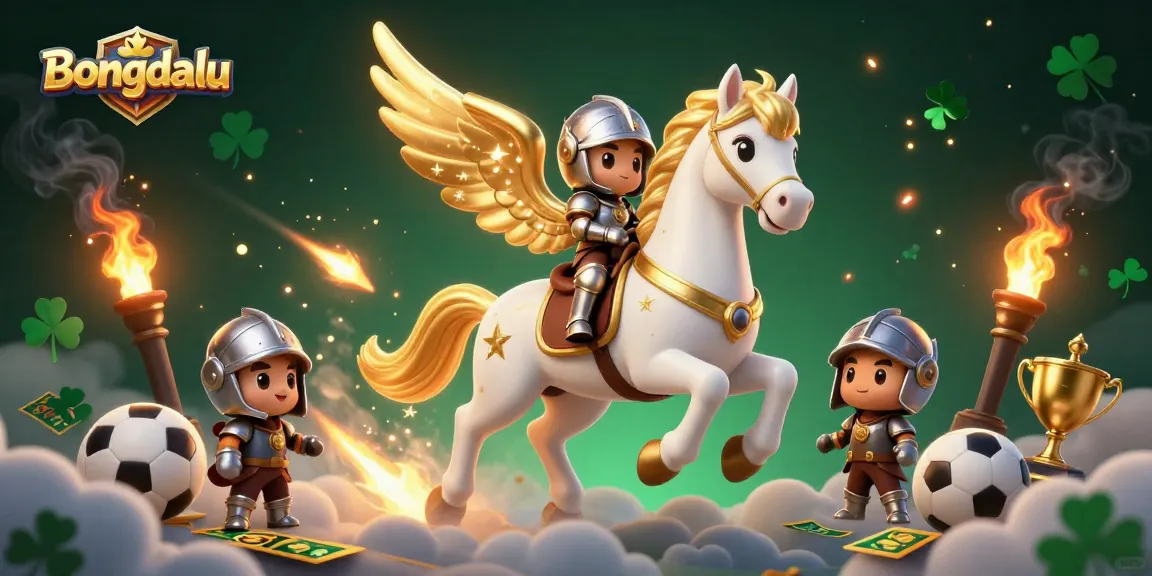 Bongdalu showcases a thrilling sports betting scene with a celestial horse and knight, surrounded by dynamic gaming elements.