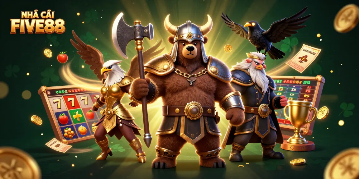 Engaging visual with NHÀ CÁI FIVE88 showcasing lively casino elements, characters, and dazzling action.