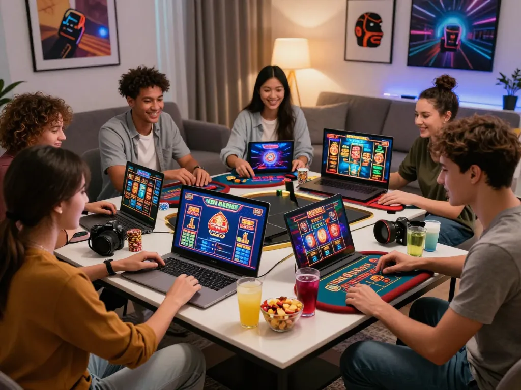 Friends enjoying online gambling at MM88 with vibrant games and snacks.