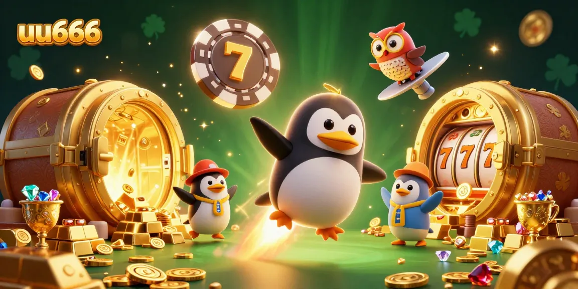 Experience the excitement of slots with uu666's explosive scene featuring golden treasures and a penguin in space.
