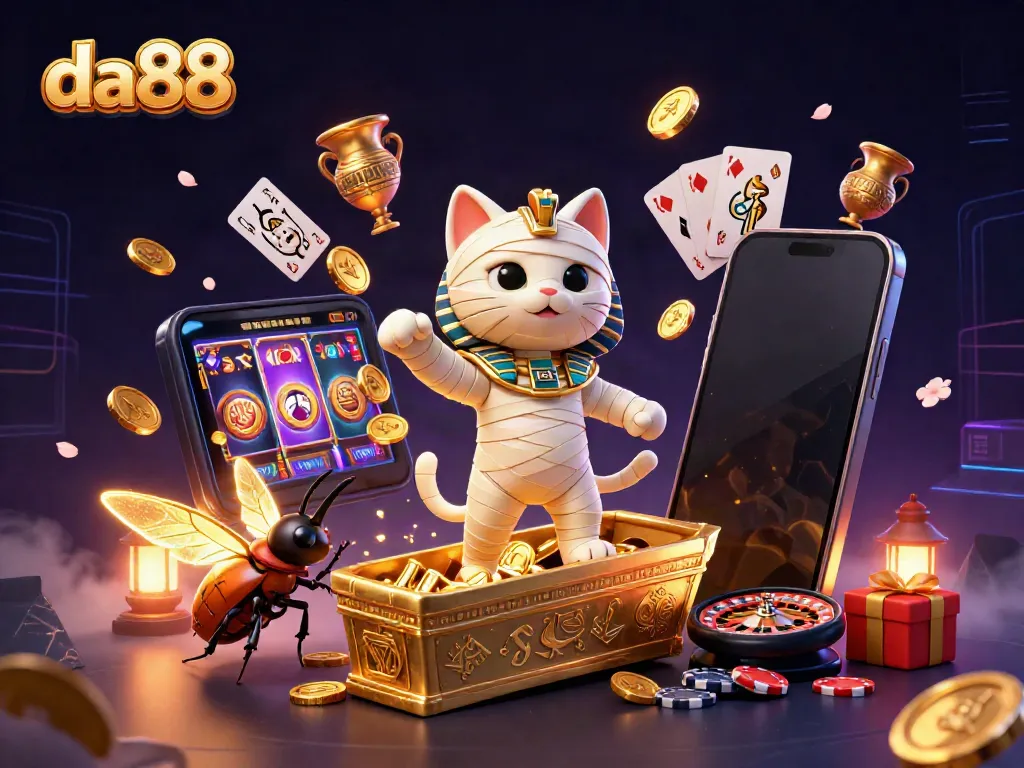 Experience thrilling wins at da88 with a dazzling mummy cat and vibrant casino elements.