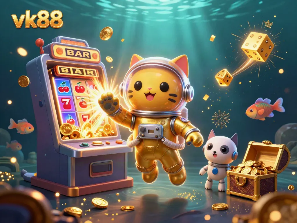 Experience thrilling jackpots with vk88 in this vibrant casino scene featuring an astronaut cat and dynamic game elements.