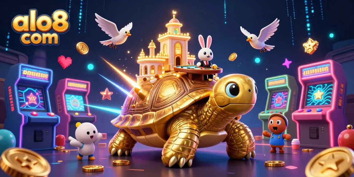 Play exciting games at alo8 com with a lively illustration of a golden tortoise casino, featuring a rabbit dealer and flying coins.