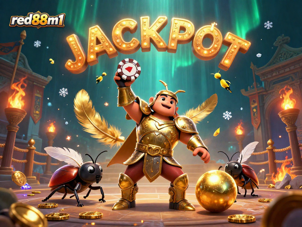 Experience the excitement of red88m1 as a hercules beetle celebrates a jackpot victory in an epic gaming scene.