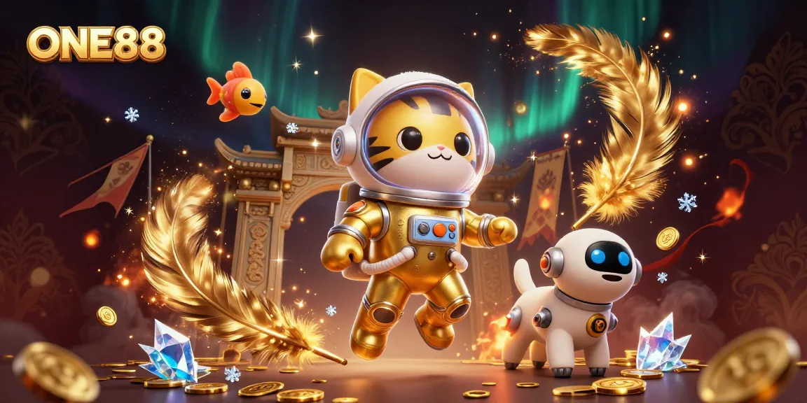 ONE88 showcases a 3D space cat and robot dog in a vibrant casino setting, invoking thrilling gaming adventures.
