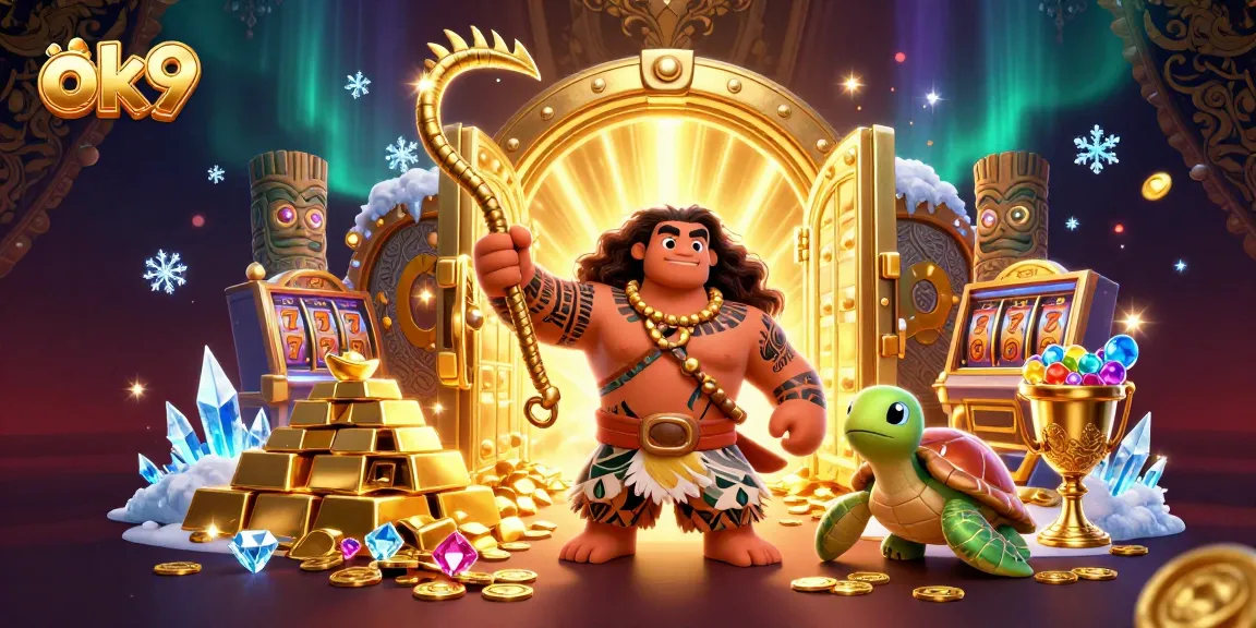Spin and win at ok9 casino with vibrant characters, slot machines, and treasure elements!