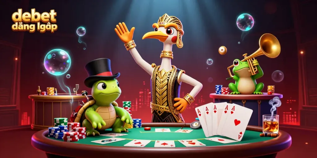 Experience the excitement of debet đăng nhập through a vibrant casino illustration showcasing a lively speakeasy atmosphere.