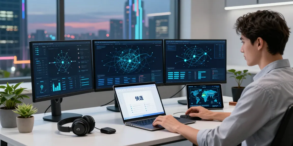 快连 smart networking acceleration platform setup in a high-tech workspace with modern devices and vibrant city view.