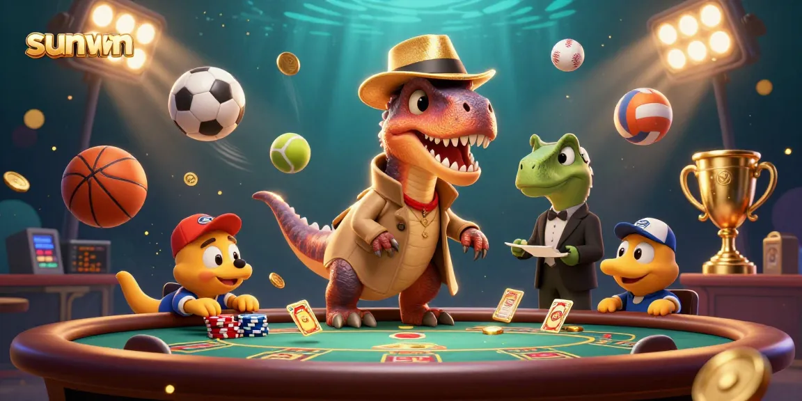 Winning at sunwin with a velociraptor card counter, surrounded by dynamic gambling elements, and a pit boss overseeing