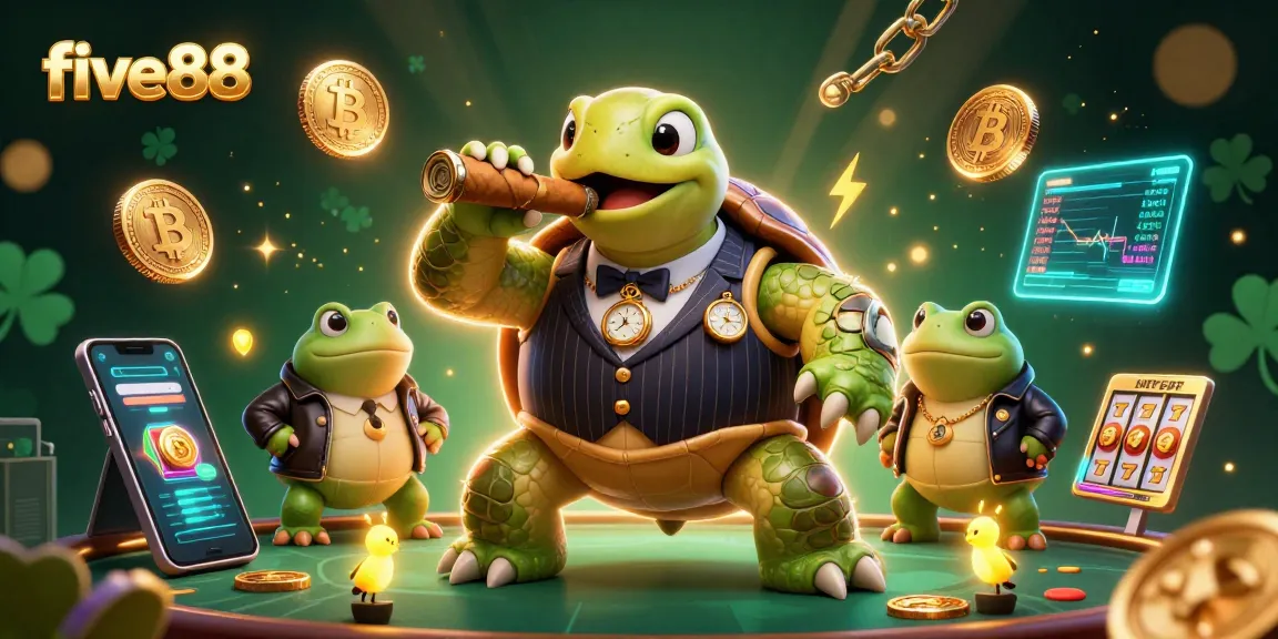Experience five88 with a vibrant 3D illustration of a snapping turtle casino character surrounded by dynamic gaming elements.