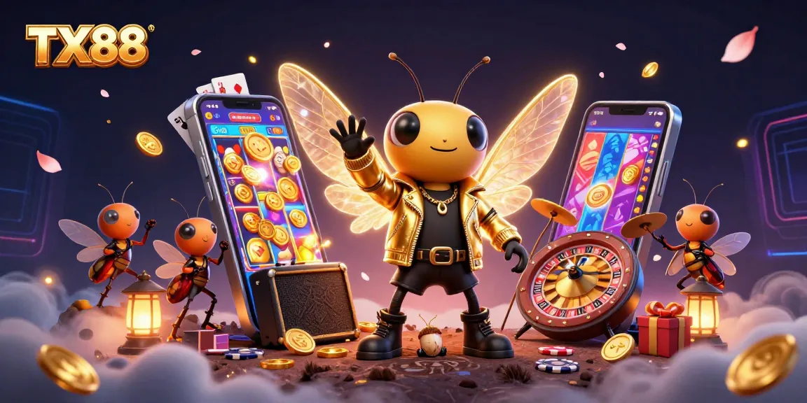 TX88 slots action with a cartoon cicada rock star performing in a vibrant casino scene.