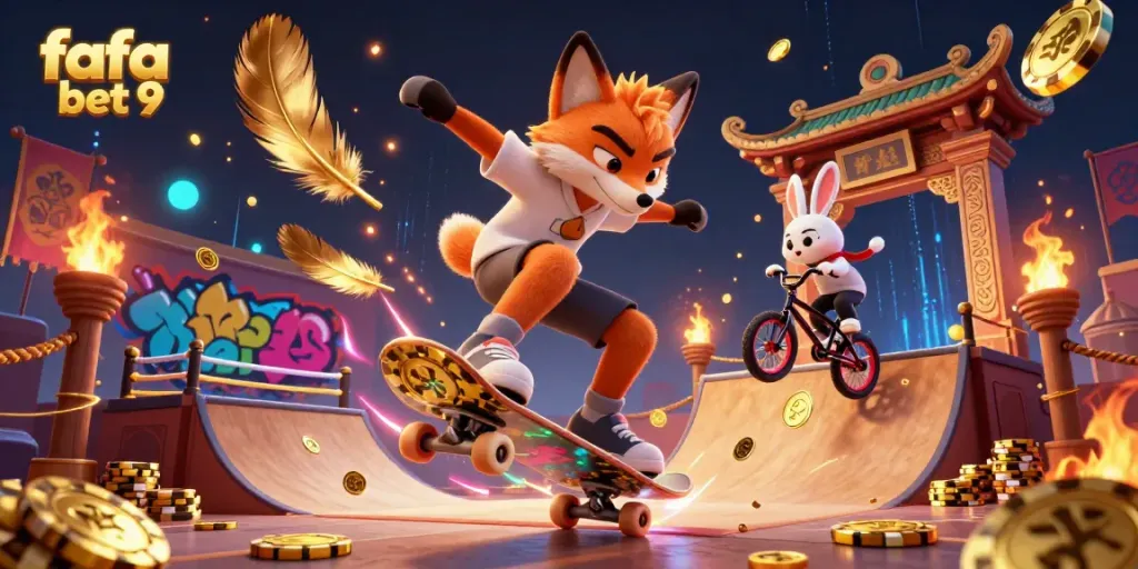 Experience thrilling action with fafa bet 9 in this vibrant 3D casino-themed illustration featuring lively characters.