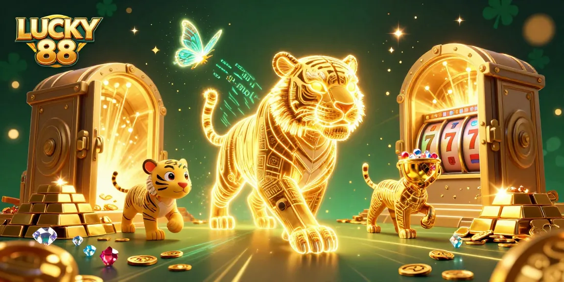 Experience thrilling gameplay with LUCKY 88 in a vibrant casino scene, featuring a glowing golden tiger and treasures.
