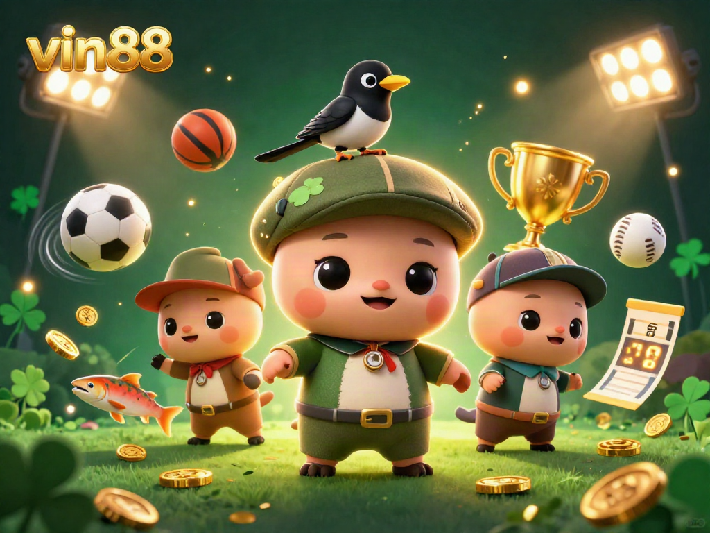 Win big with vin88 in this playful casino-themed 3D illustration featuring cartoon characters and dynamic sports elements.